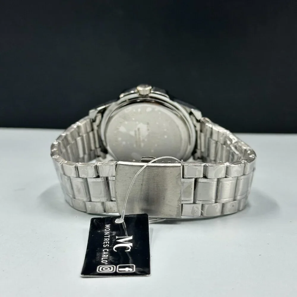 Montres Carlo Watch Men Silver Tone Black Dial Round 43MM New Battery 8.25